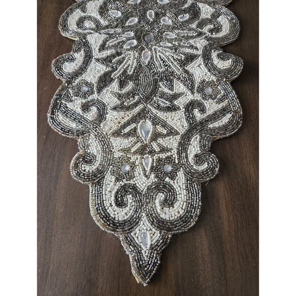 Pier 1 Imports Beaded Table Runner Silver White 39x12" Wedding Holiday Winter - Picture 2 of 5